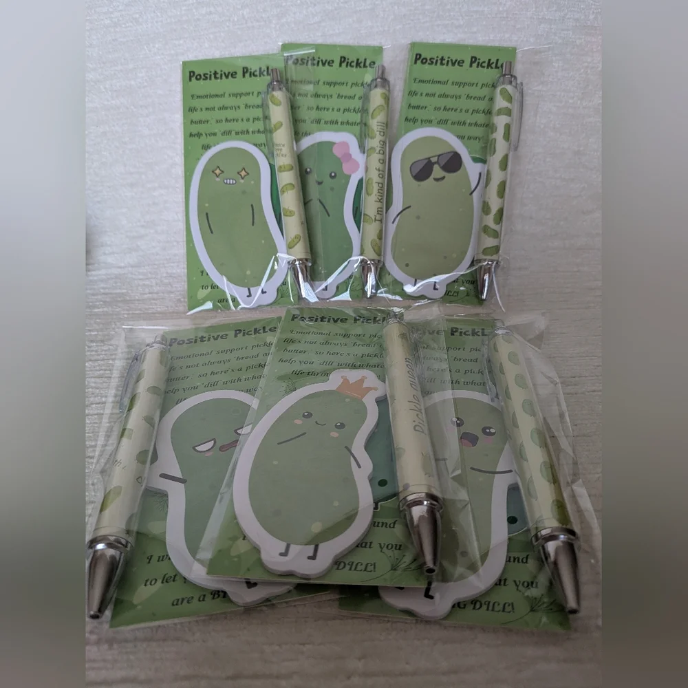 Pickle-Themed Pen Sets Qty 6, Bookmark, Pen, And  Stick Note Pad. 6 Designs